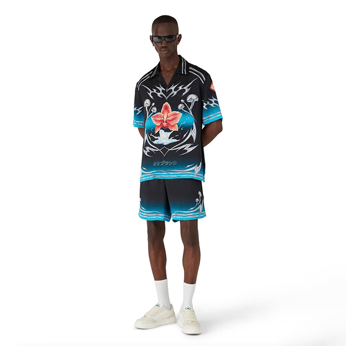 casablanca orchid mushroom print silk short sleeve shirt & shorts